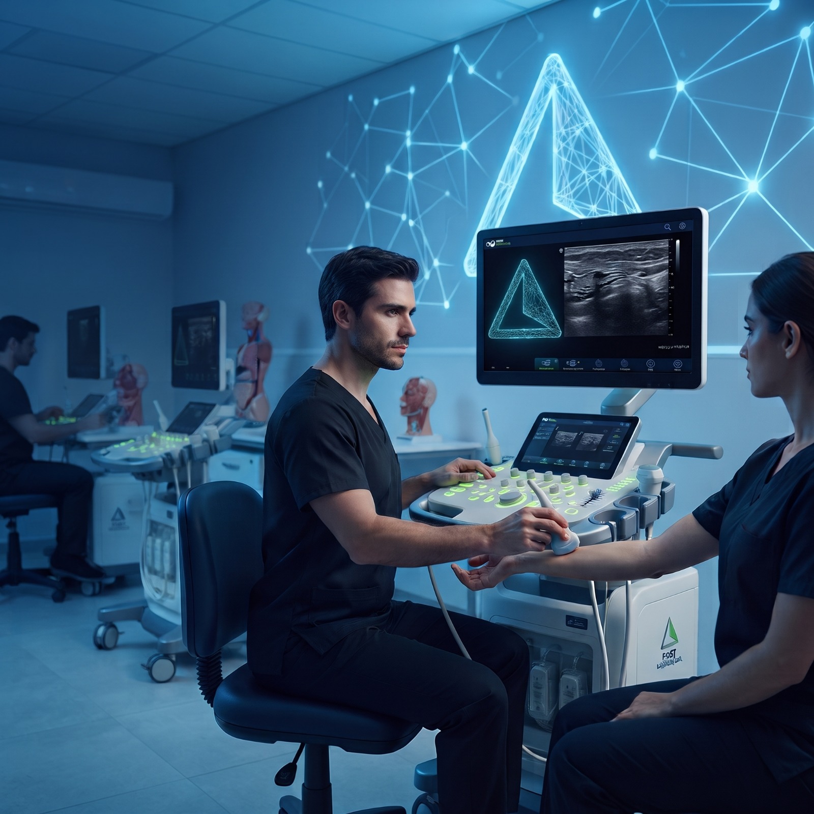 Profissional realizando ultrassonografia point-of-care à beira do leito em laboratório da Fast Radiologia